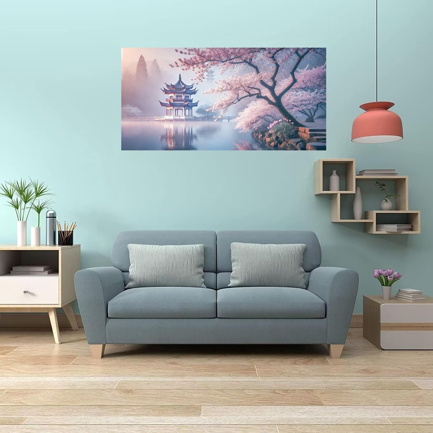 Diamond Painting Diamant Malerei Kits Malen nach Zahlen Home Dekoration Geschenk für Erwachsene 5D DIY Full Drill Set Crystal Strass Stickerei Chinesischer Garten mit Pagode,Quadrat Bohrer,120X60cm