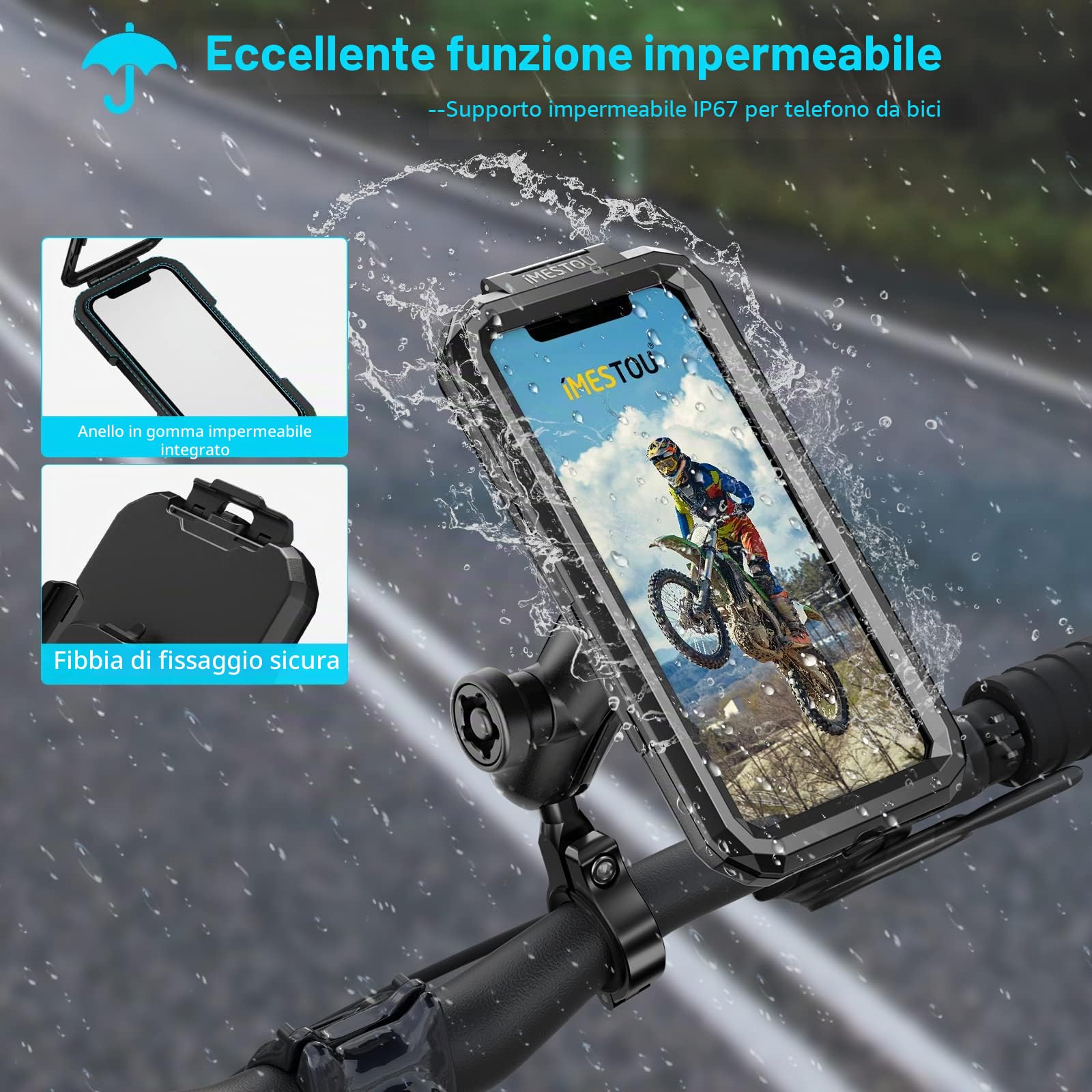 iMESTOU Supporto Antifurto Impermeabile per il Telefono del Motociclo con 1" Adattatore a Sfera del Manubrio, Supporto Mobile per Bici con Rotazione a 360° per Telefoni Cellulari da 5,5"-6,8" (L)
