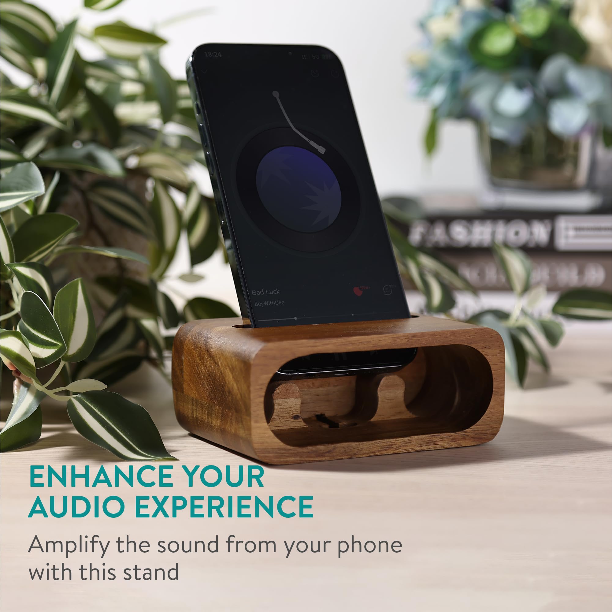 Navaris Porta Cellulare da Tavolo - Supporto con Funzione Amplificatore - con Spazio per Cavo di Ricarica - Appoggia Telefono da Scrivania in Legno di Acacia