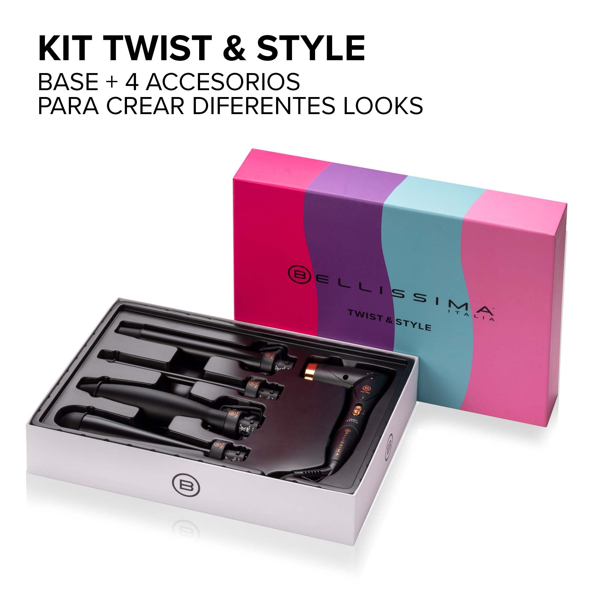BELLISSIMA Twist & Style Ondulador de pelo, mango + 4 accesorios para rizos y ondas, temperatura automática, calentamiento rápido, revestimiento cerámico, ajustable 90 °, 11840, 0.2 kilograms