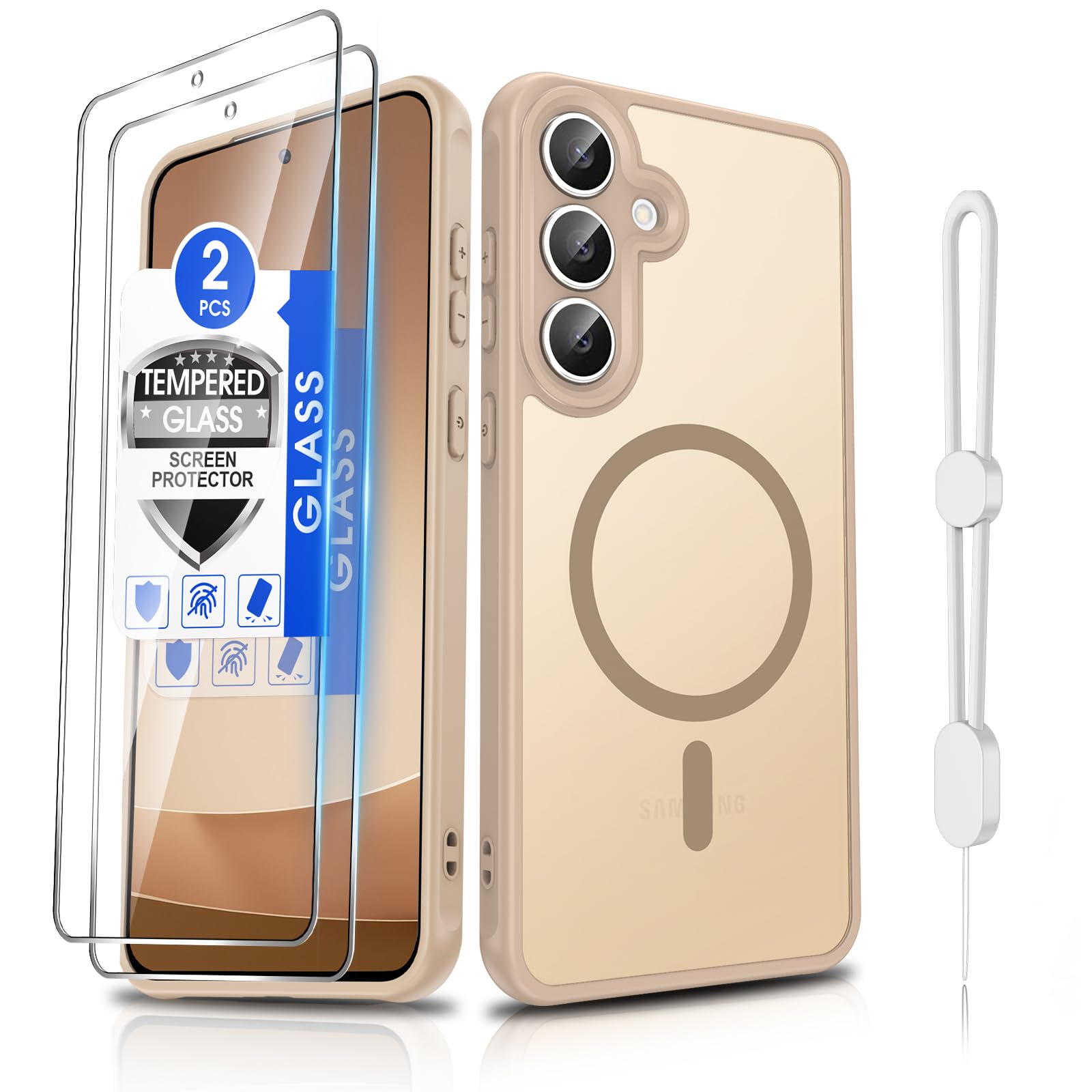 Dizn Magnetic for Samsung Galaxy S25 FE Phone Case,with 2Tempered Glass Screen Protector,Compatible with MagSafe,with Strap,Matte Translucent &amp; Military Grade Shockproof Protective S25FE,Beige