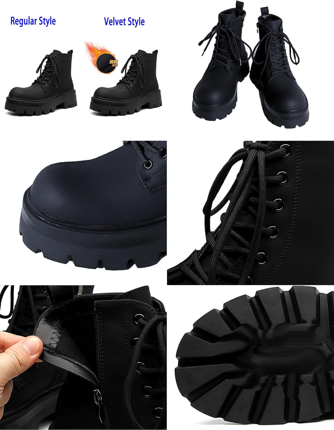 Men's Black Leather Platform Motorcycle Boots,Classic Comfort Waterproof Non-Slip Zip Biker Riding Casual Ankle Boots