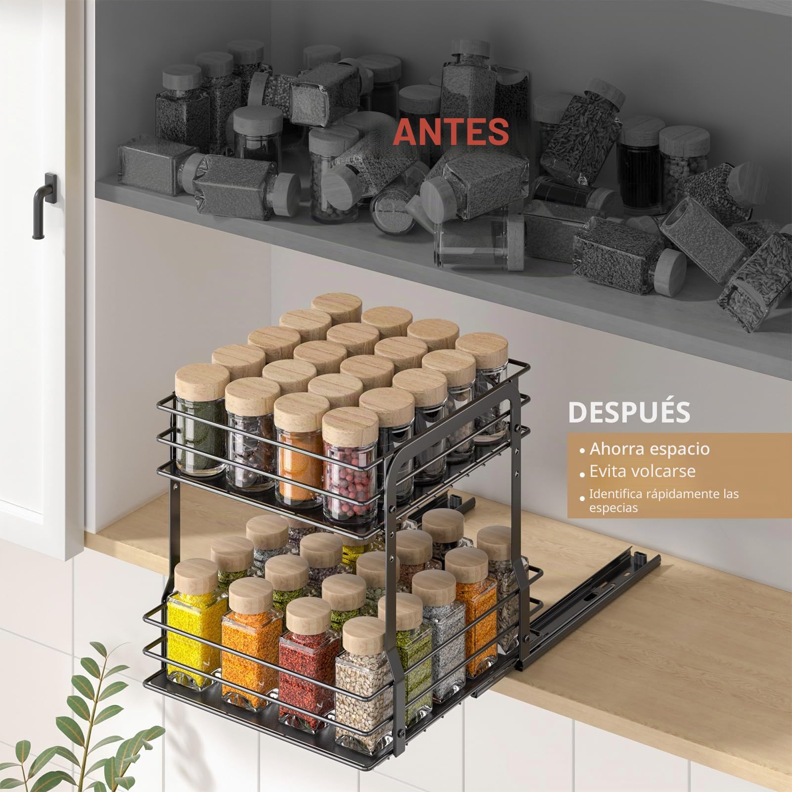 PanPanPal Organizador de Especias para Cocina, 2 Niveles Negro Extraíble y Ajustable en Altura, con Rieles Deslizantes, Diseño de Cajón, Fácil Instalación, Medidas L27.2*B24.5*H26CM
