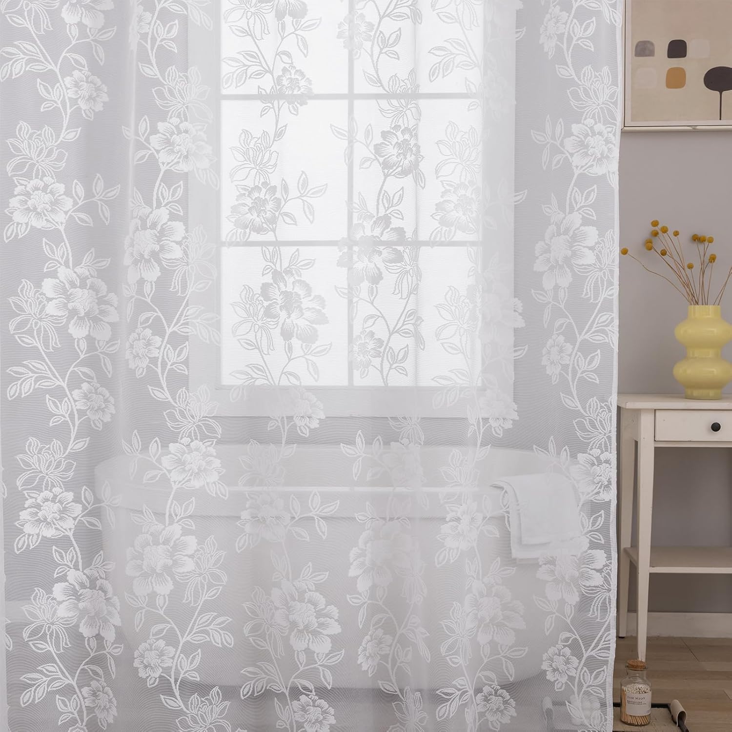 FINECITY White Lace Shower Curtain 72 Inch Length, Rustic Floral Pattern Sheer Lace Shower Curtain with Attached Valance for Bathroom, Reinforce Hole Sheer Shower Curtain, 72 x 72 Inch, 1 Panel, White