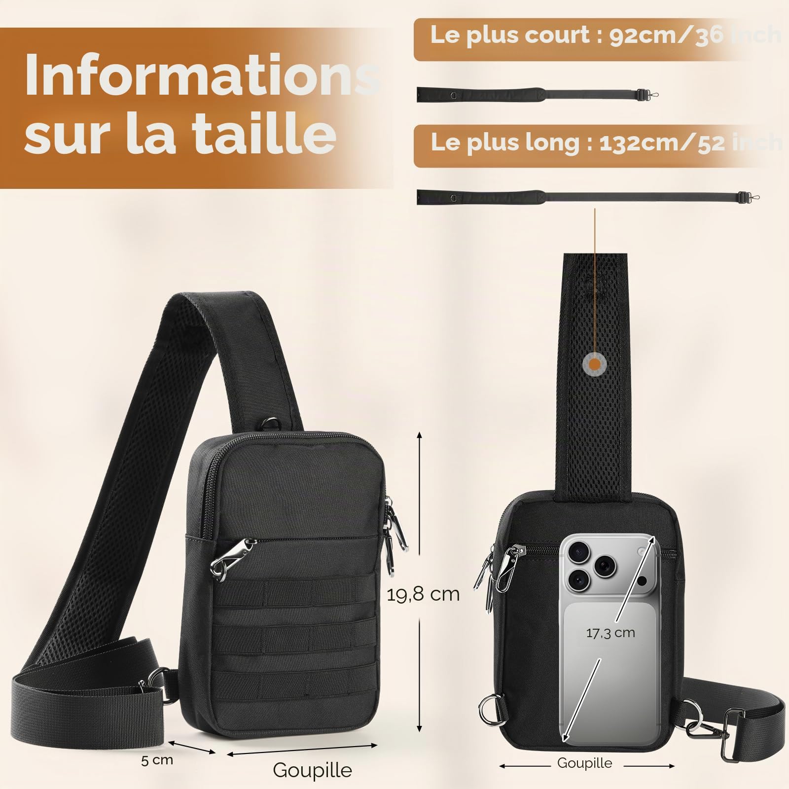 BROADREAM Sac à Bandoulière antivol - Tactique Sac de poitrine - Étanche sacoche homme - Petit sac à main avec fermeture éclair et blocage RFID