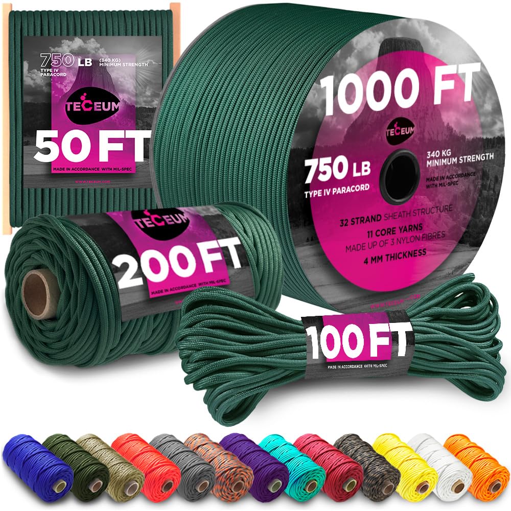TECEUM Paracord Rope 750 lb – 1000ft / 200ft / 120ft / 100ft / 50ft – String Parachute Cord for Camping, Survival, Outdoor Gear – 35+ Colors – Nylon