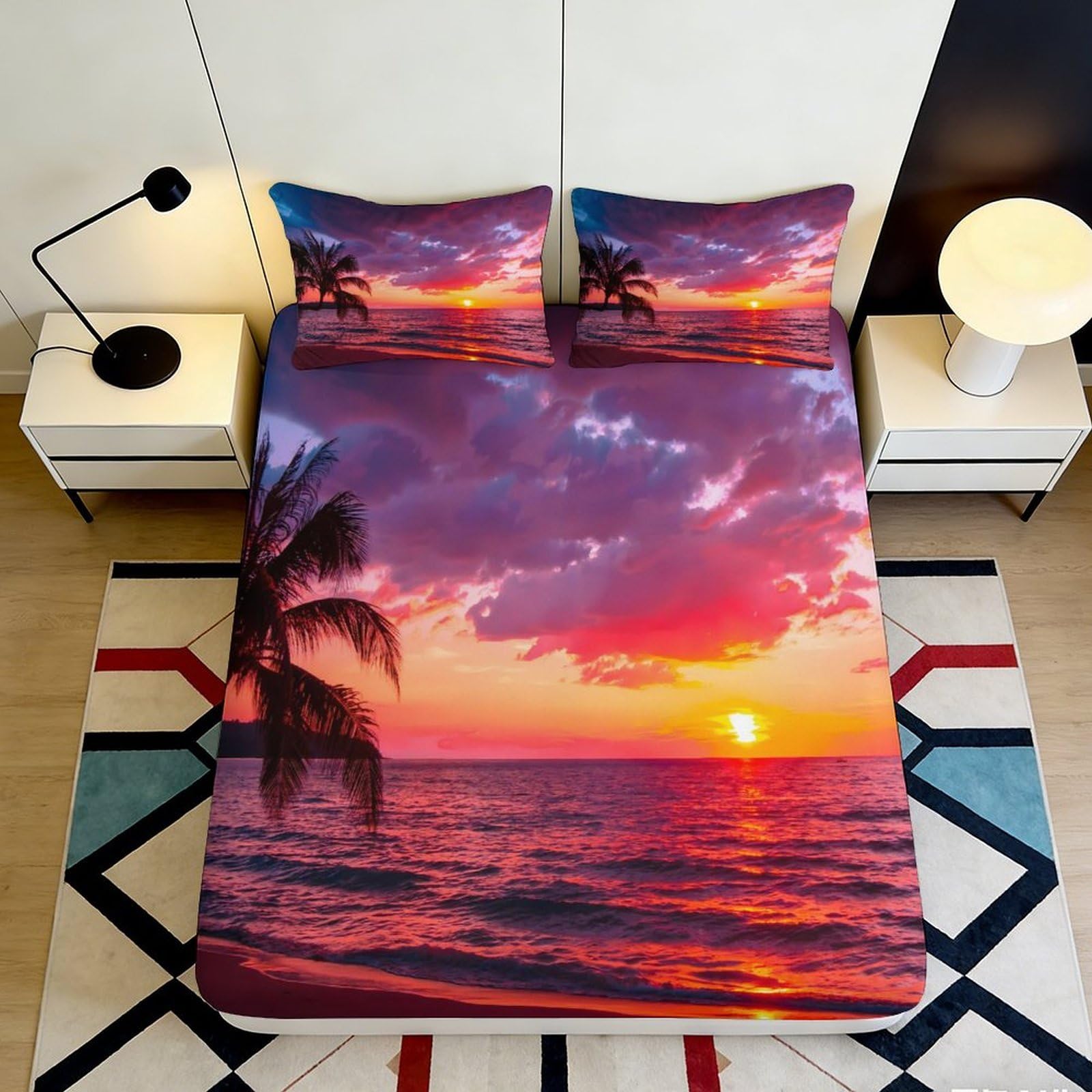 3D Printed Sunset Beach Fitted Sheet Microfiber Palm Tree Mattress Cover Vibrant Bedroom Decor Easy Care 90x200x25cm