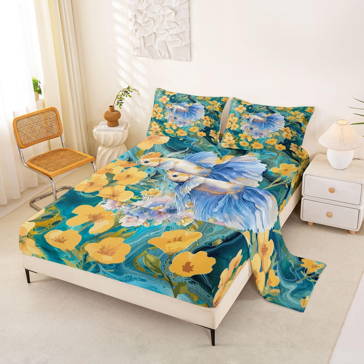 Homewish Urocza złota rybka zestaw pościeli podwójne boho kwiatowe rustykalne prześcieradła marmur ocean ryba zestaw prześcieradeł - zwierzęta przybrzeżne dopasowane górne prześcieradła 4 sztuki
