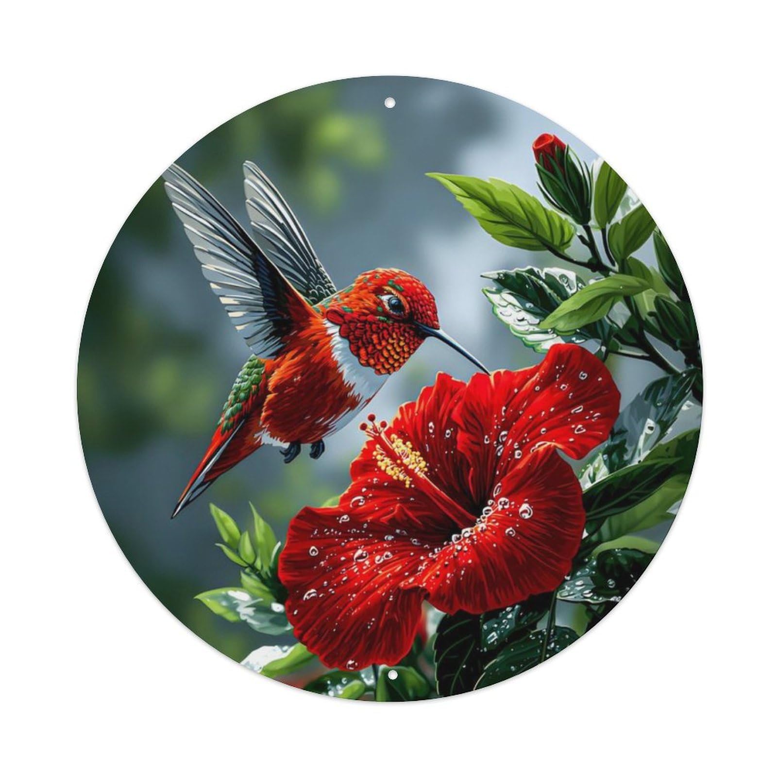 Animal Hummingbird Hibiscus Flower Water Drop Vintage Metal Tin Sign Plaque Wall Decor for Cafe, Club Bar, Office, Garden Metal Poster 8x8Inch