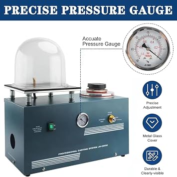 2L Vacuum Casting Machine with 3 CFM Pump & Bell Jar, High-Temperature Refining for Lost-Wax Casting Gold Silver Copper Crafts