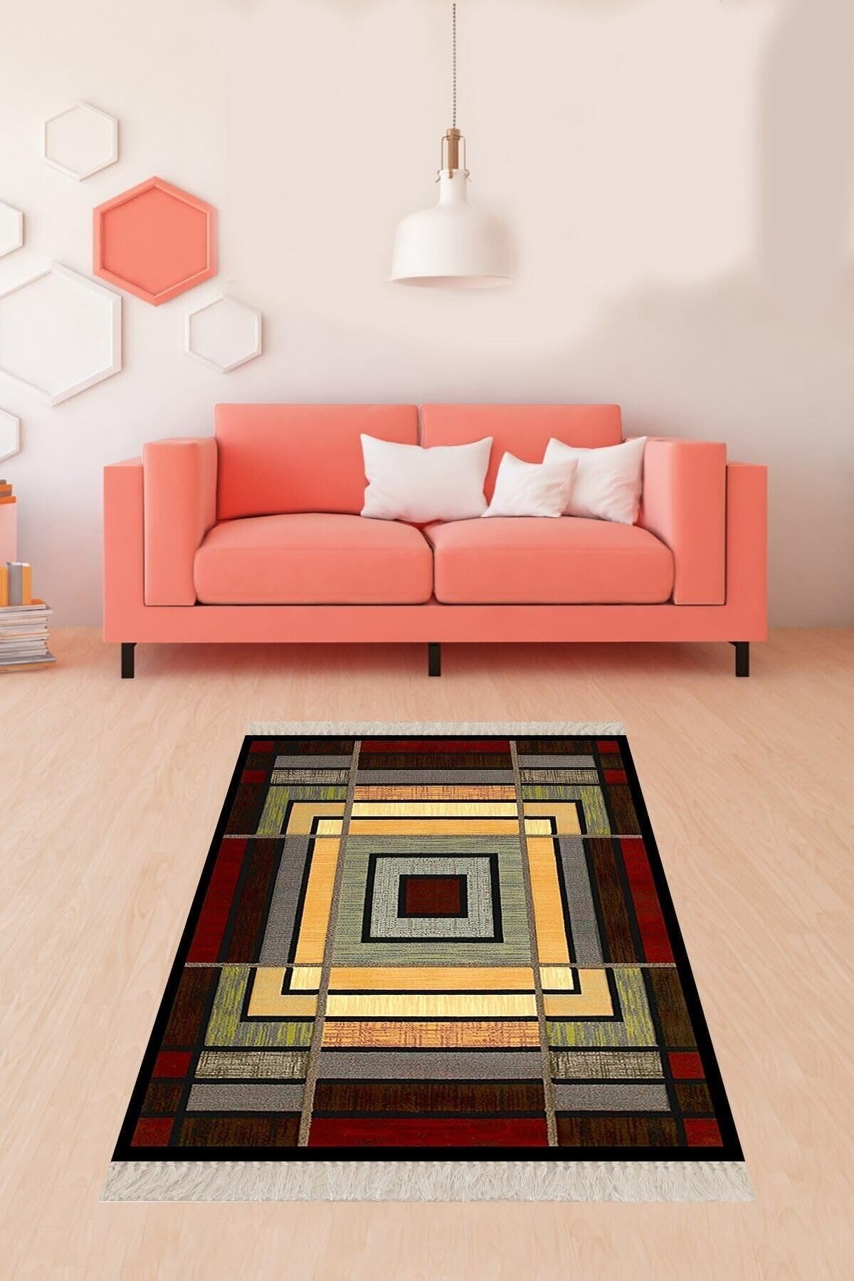 Pelangi Sarı Geometrik Kare Blok Desenli Dijital Baskı Yıkanabilir Kaymaz Taban Modern Halı, Hardal-Siyah 120 x 160