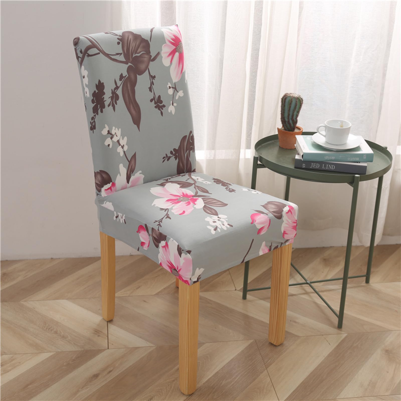 Housse de chaise fleur rose gris extensible en spandex lot de 8