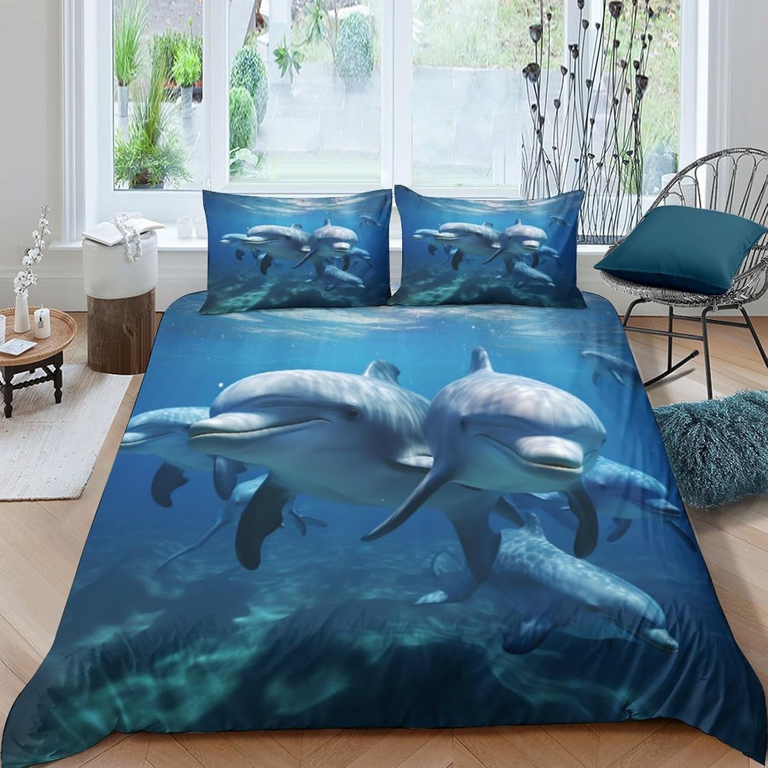 Housse de couette 135x200 dauphin 3D avec 2 taies d'oreiller en microfofibre douce