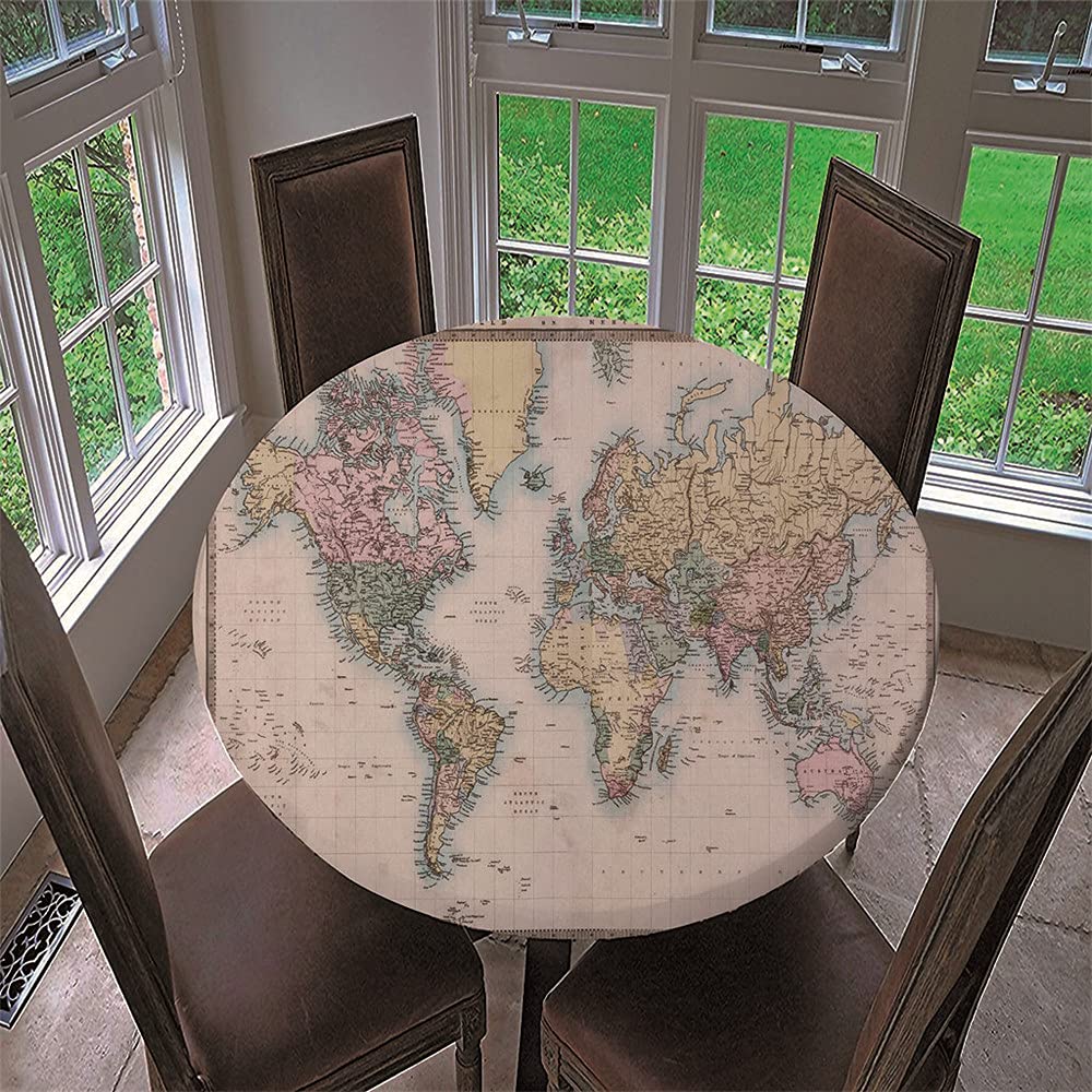 Chickwin Round Fitted Tablecloth Waterproof Dust-Proof Wipe Clean World Map Printed Table Cover Elastic Edged, Table Protector for Kitchen Patio Dining Room (Color map,120cm)