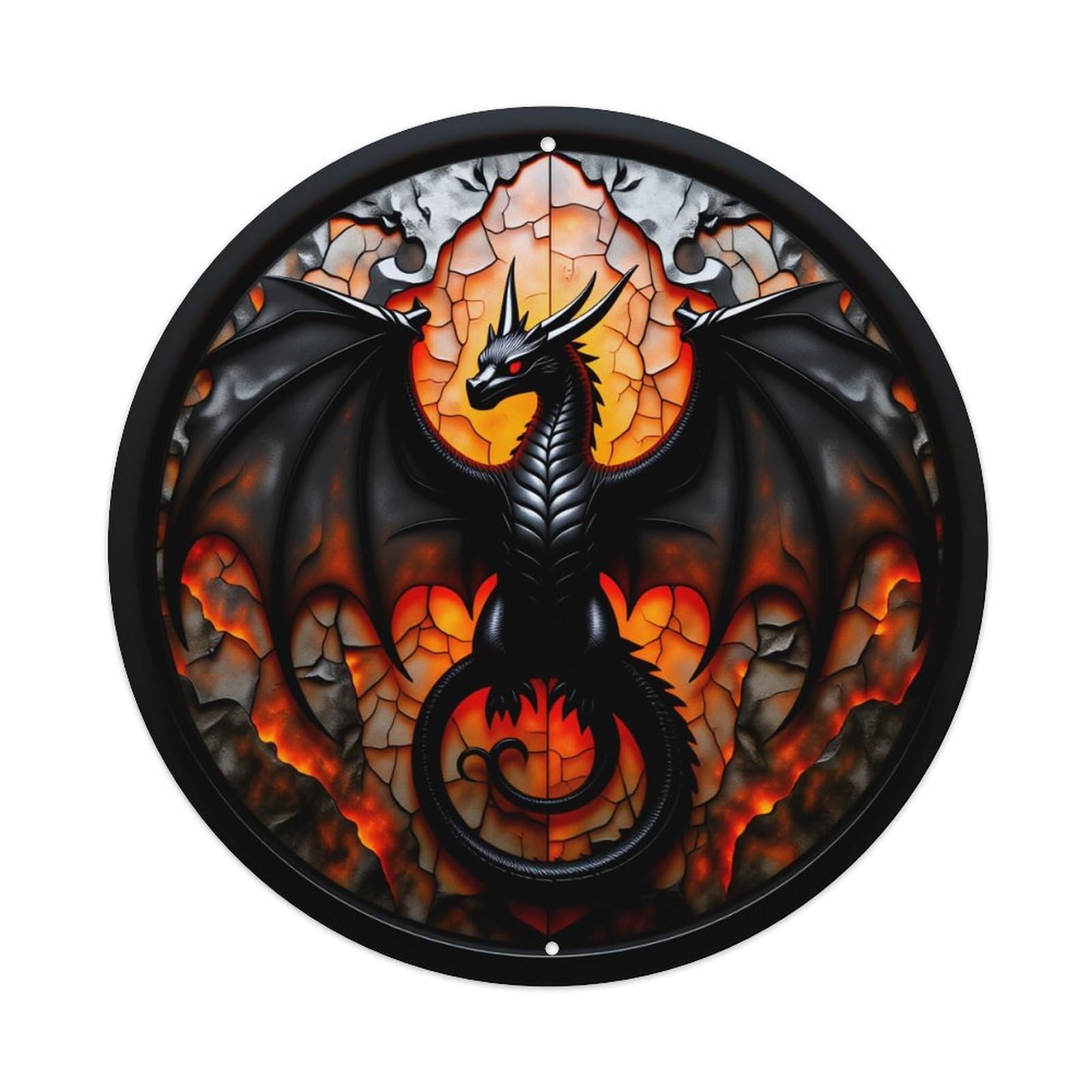 Wmlzdnwr Vintage Dragon Fire Background Black Wings Orange Flames Round Tin Sign,Retro Wall Art,Metal Poster For Home, Bar, Garage, Cafe, Rustic Indoor & Outdoor Decor, 8X8 Inches