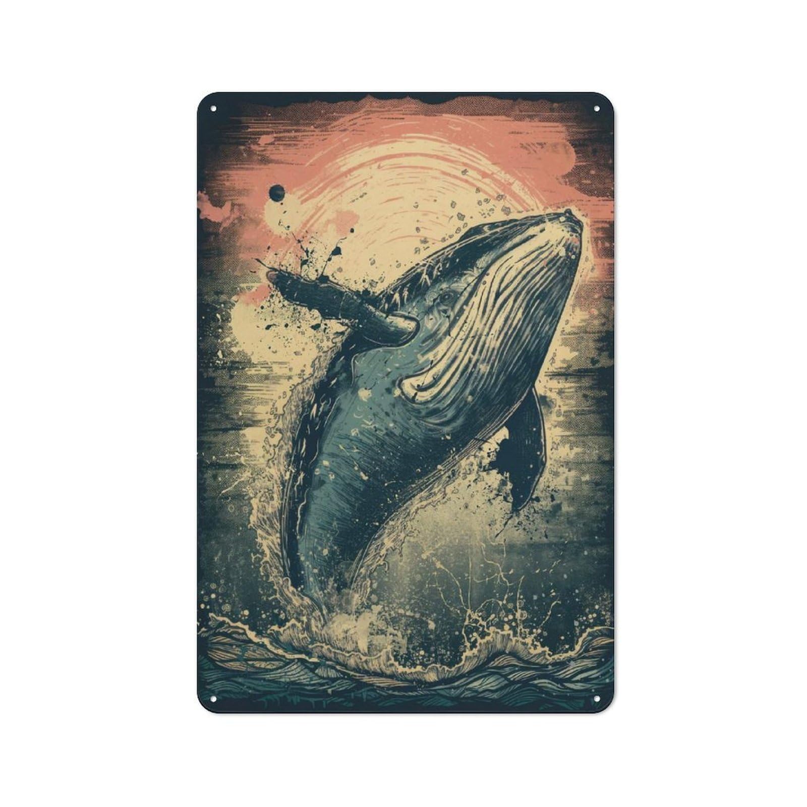 Distressed Look Retro Whale Decorative Tin Sign 30x20cm, Vintage Wall Decor for Lounge, Study, Pub Or Wall Gallery