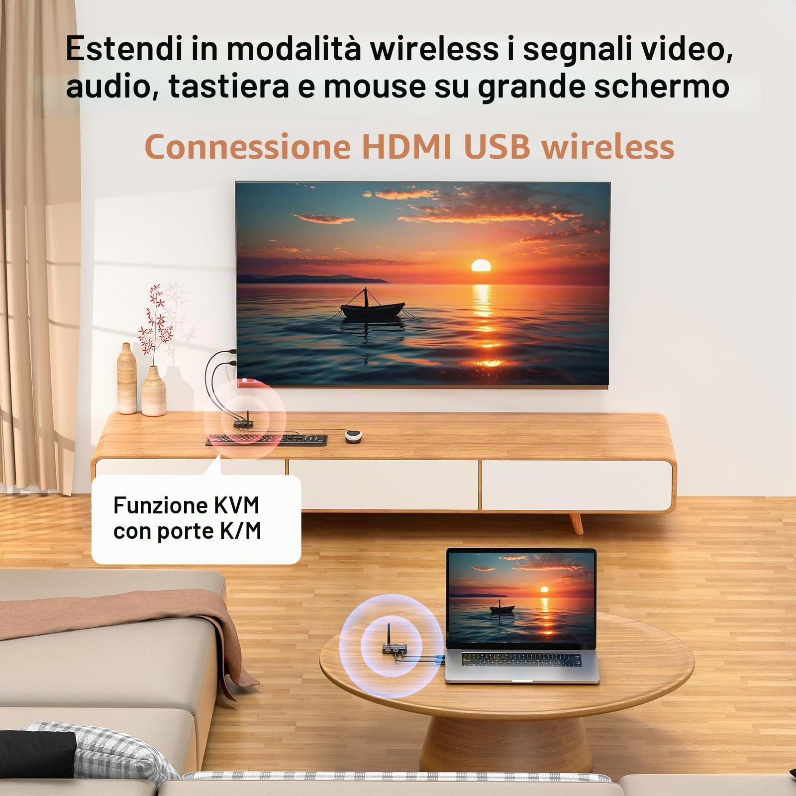 Trasmettitore e ricevitore wireless HDMI KVM 200M/660FT, HDMI USB KVM Extender 1 PC 2 monitor divisi mouse e tastiera, loop out, 1080P@60Hz, con 2 cavi USB