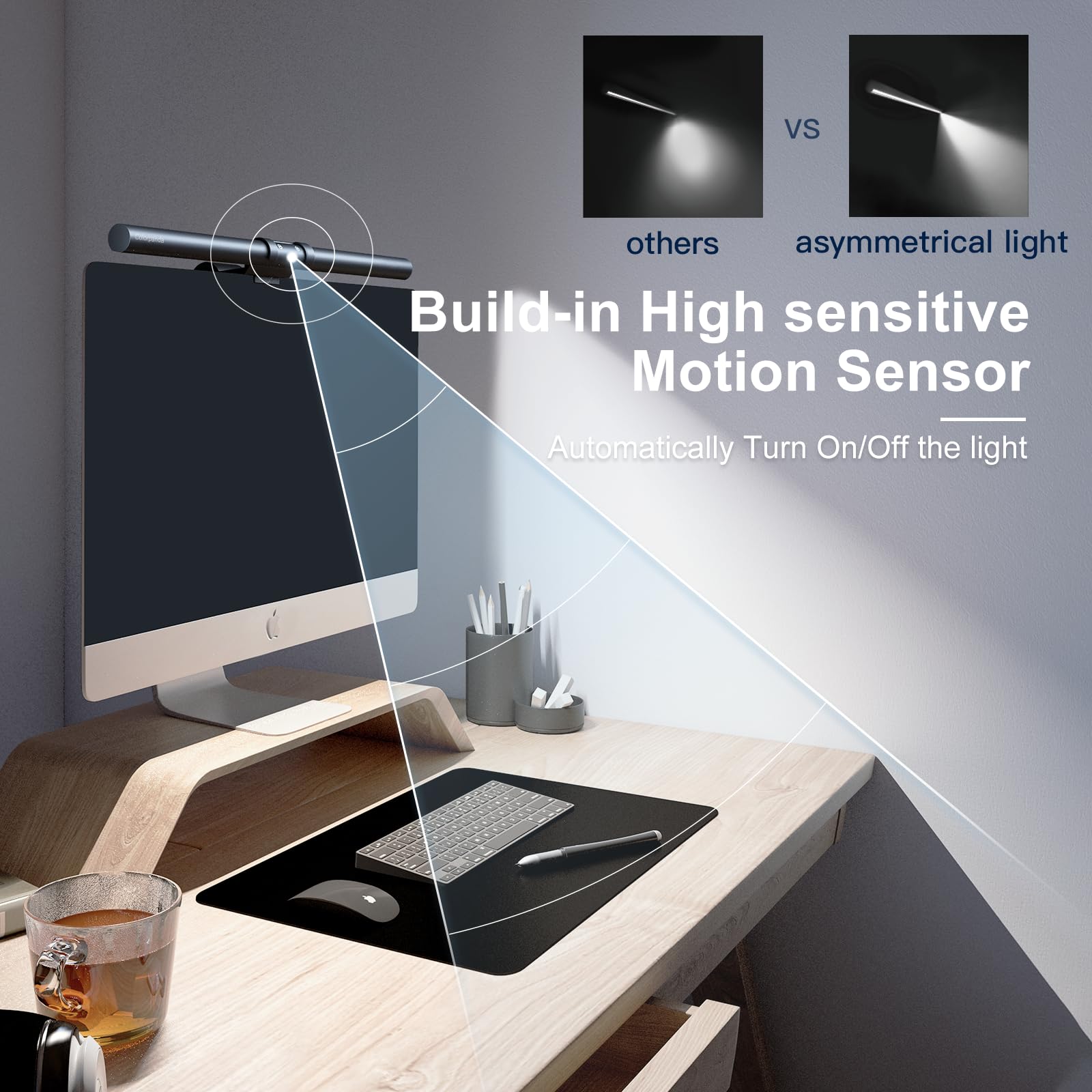Barra de luz para monitor (negro) – Iluminación ultraancha, sensor de movimiento, brillo/temperatura de color ajustable, lámpara de monitor USB para el cuidado de los ojos, sin reflejos