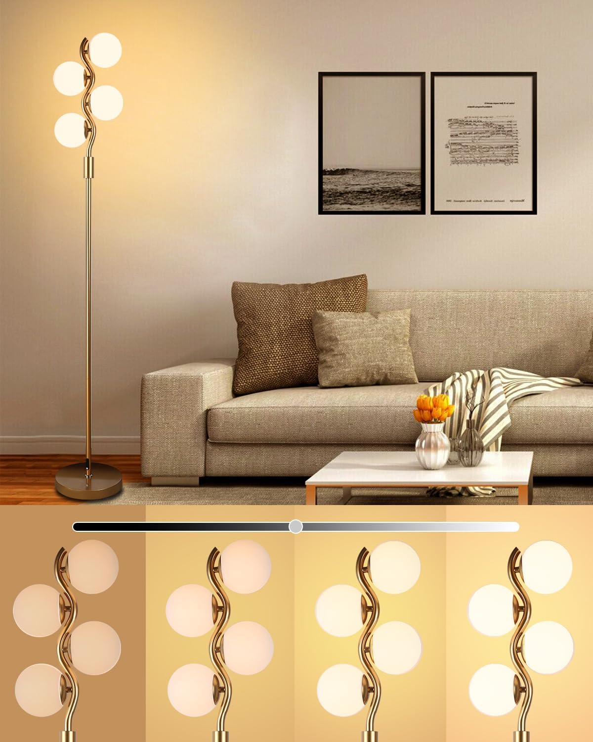Lightdot 64IN Dimmable Globe Floor Lamp, Gold Standing Lamps with 4pcs 3000K G9 Bulbs Soft Warm White Eye Care, Mid Century Floor Lamp for Living Room