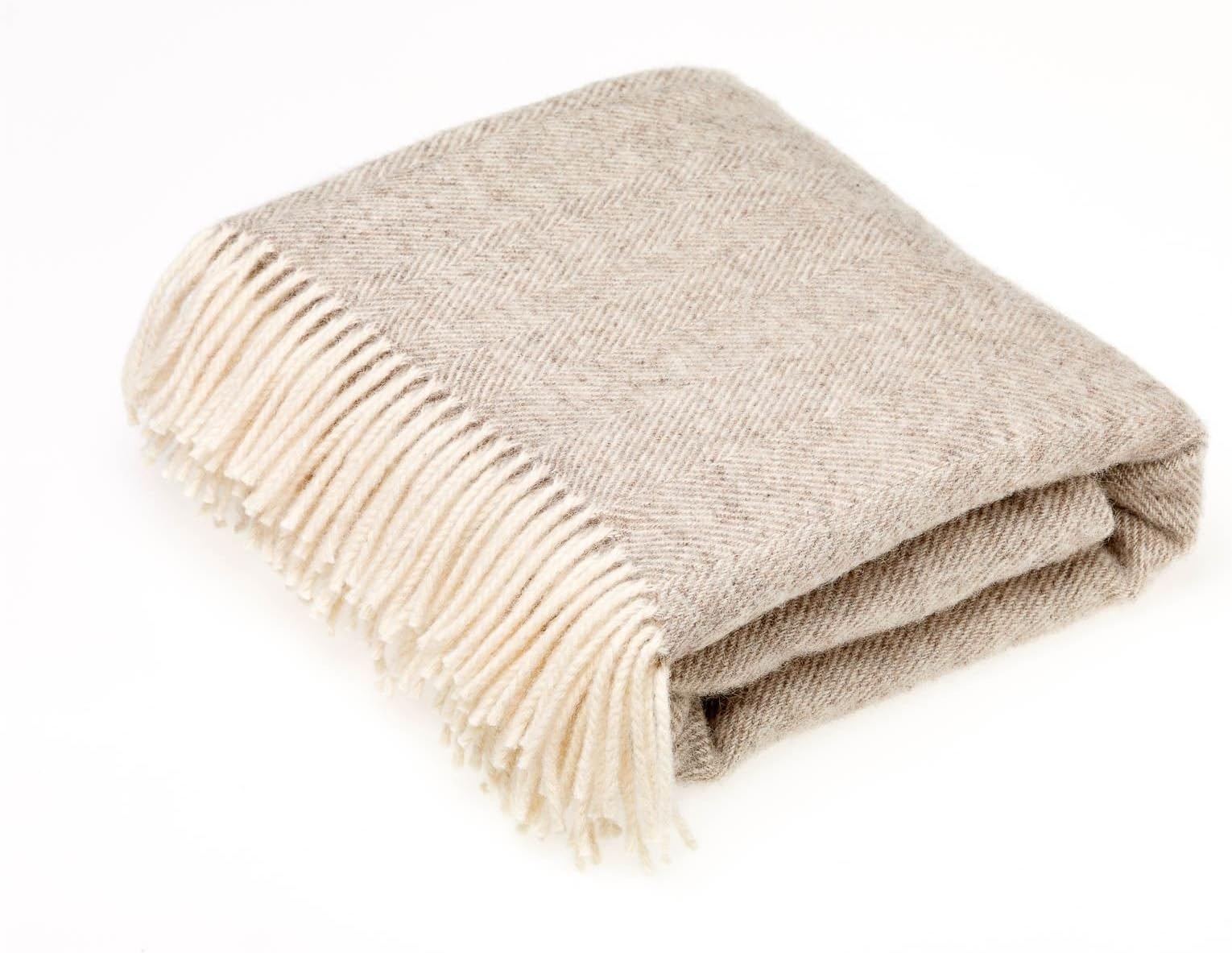 Bronte NATURAL COLLECTION Pure new wool blanket throw in Beige Herringbone - British made