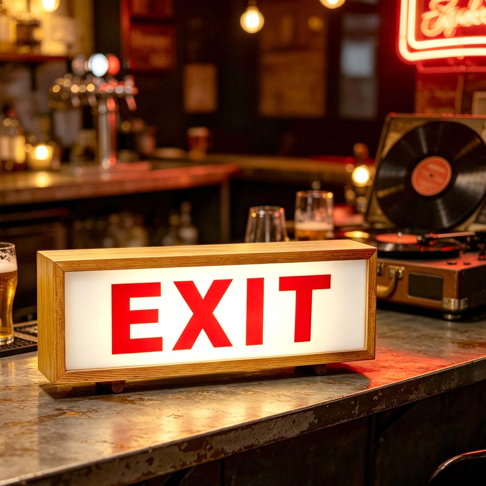 wpdash EXIT Wood LED Lightbox LED Illuminated Exit Sign with Remote Light Up Vintage Rectangle Letter Sign for Commercial Buildings & Offices Restaurant Desk or Wall Warning Lighting — image 1
