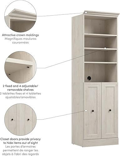 Miniatura 4 de Bestar Organizador versátil de armario con puertas, armario pequeño de lino de roble blanco de 25 pulgadas con almacenamiento y estantes para
