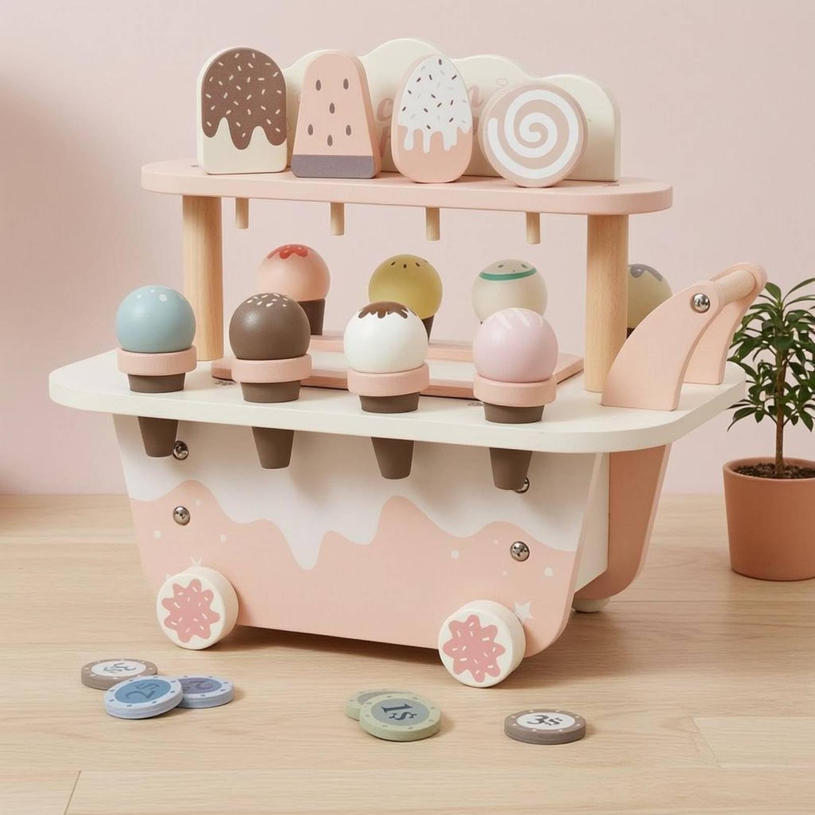 Kinder Spielwagen Holz Eisladen Wagen Kinderwagen Rollenspiel Spielzeugwagen mit Zweistufiger Präsentationsablage Robuster Holzbau Schiebegriff Räder für Innenraum Zuhause