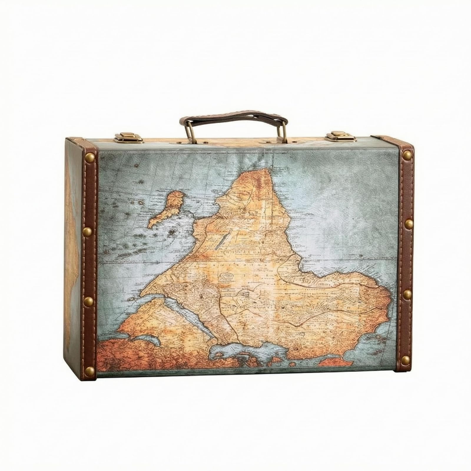 Leather-Like Vintage Suitcase Trunk Stitched Trim Hard-Sided Suitcase Metal Corner Guards Retro Display Trunk Rivet Hardware for Prop Use, S Map Style-image-16