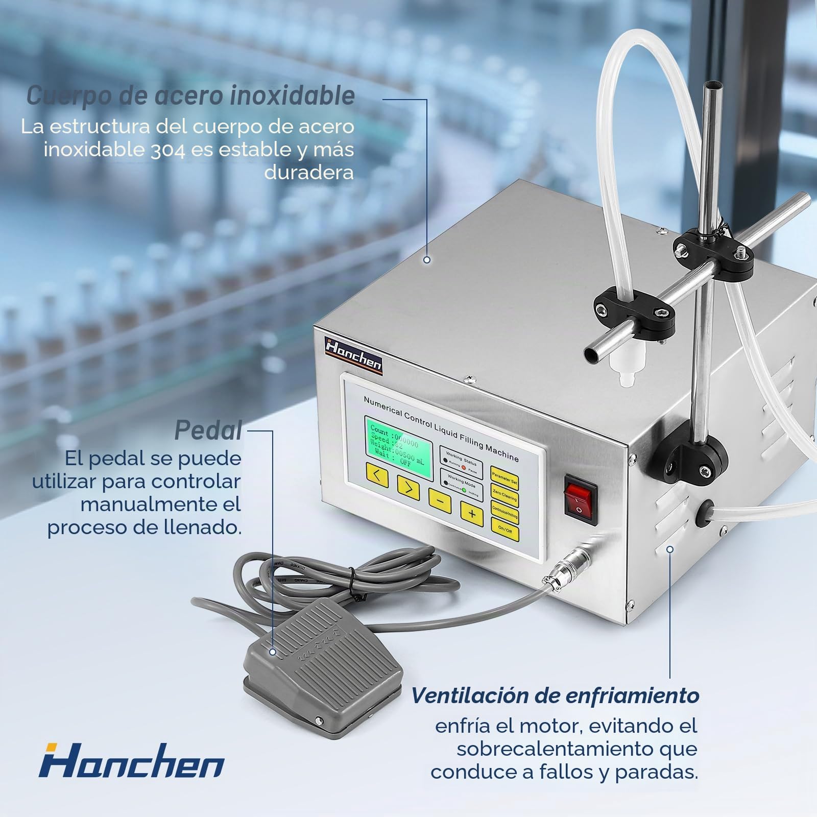 Hanchen Máquina de Llenado de Líquidos Automática 2.6L/min Llenadora de Botellas Cuantitativa con Pedal para Aceite Perfume Vino Bebidas