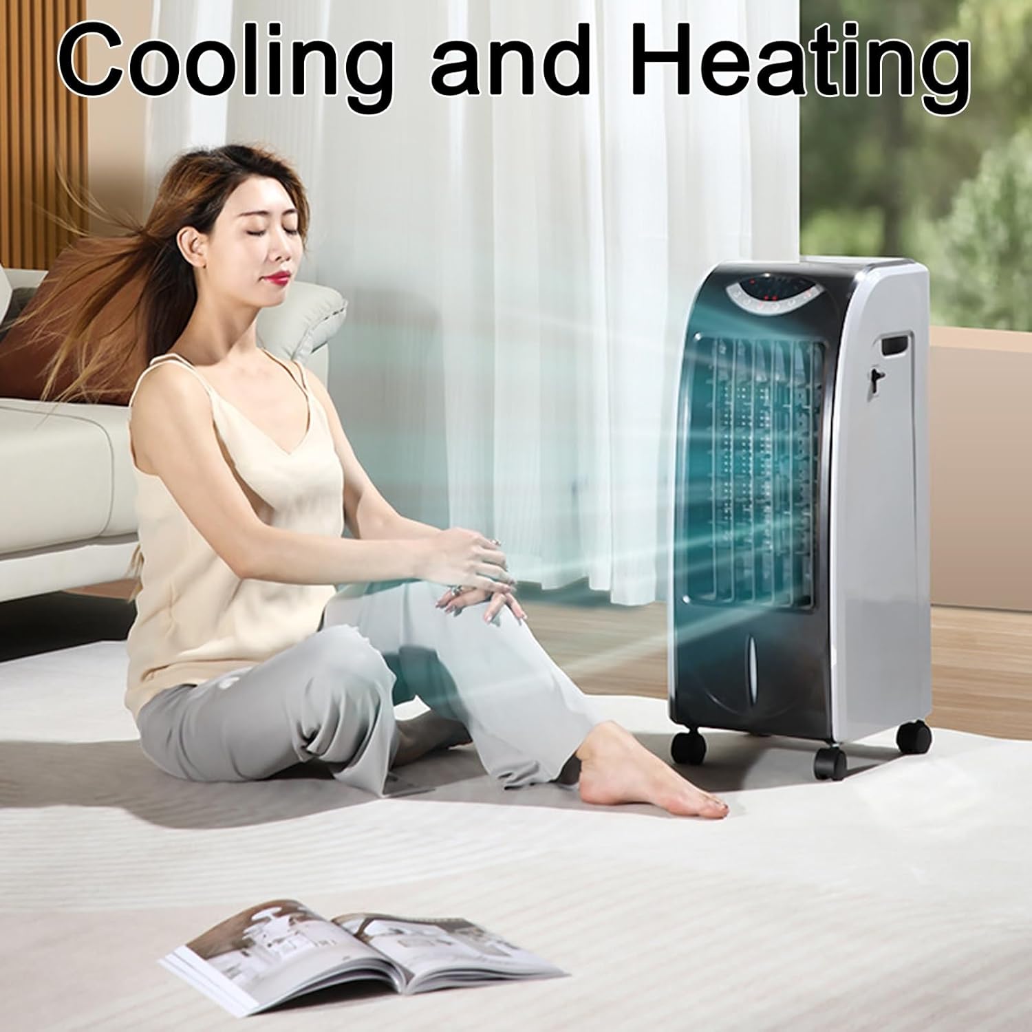 4-in-1 Portable Evaporative Air Cooler with Remote Control, 6L Water Tank, 3 Speeds, 12H Timer & 2 Ice Boxes, Ideal for Home & Office Cooling & Heating