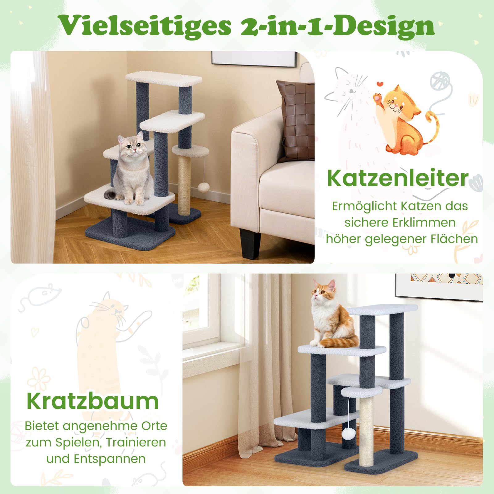 GYMAX 5 Stufen Katzentreppe, stabile Tiertreppe mit Sisal-Kratzstamm, Spielball & Plüschsitzfläche, Hundetreppe für Katze & Hunde bis 15 kg, Katzen Katzenmöbel, 62 x 41 x 77 cm