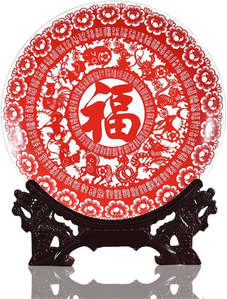 Porcelain Antique Decorative Plate Red Ceramic Decor Plate Metope for Living Room Hotel