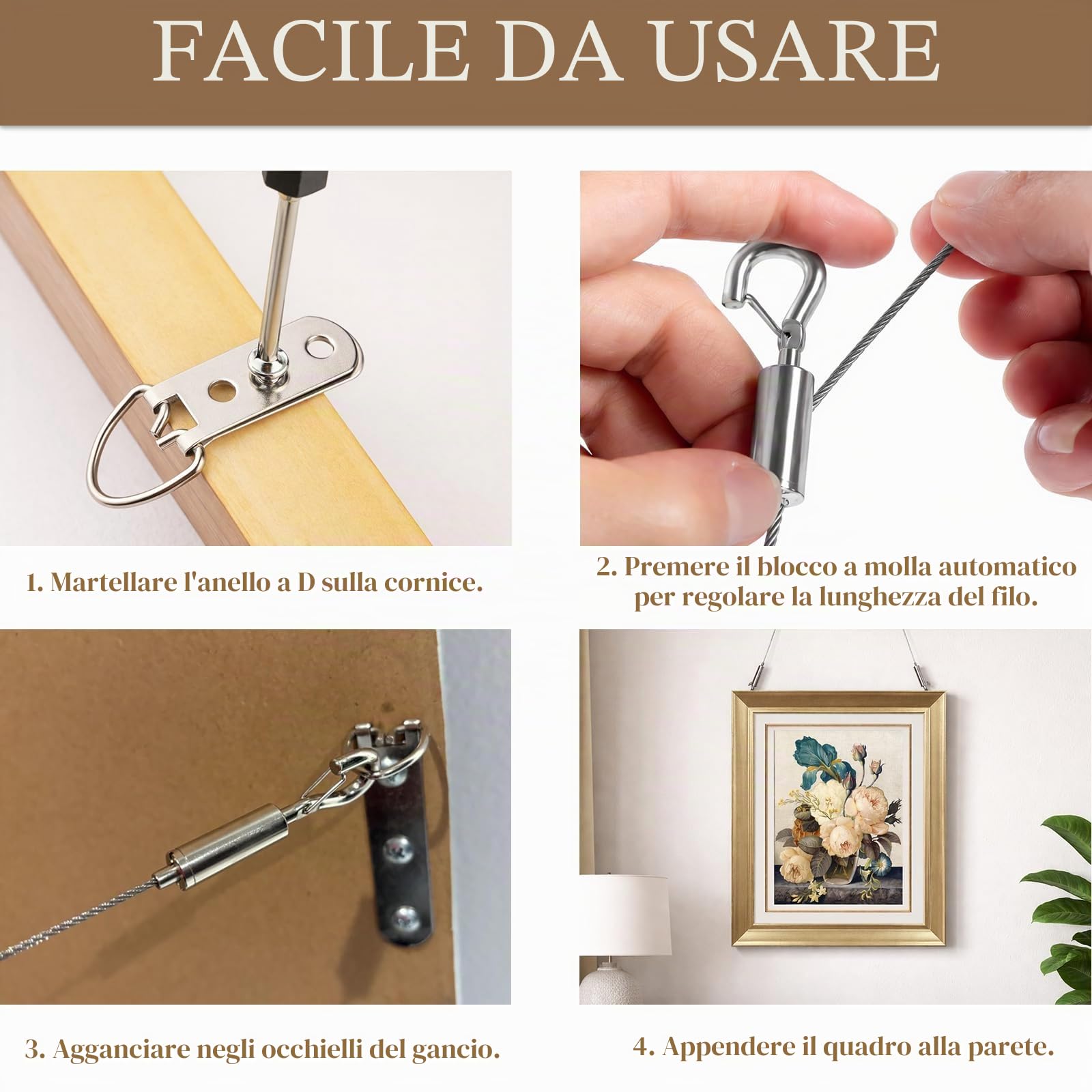 Kit Filo per Appendere Quadri, 2 Pezzi Cavo Regolabile 2m x 1mm, Ganci, Anelli a D, Viti, Corda Acciaio Inossidabile