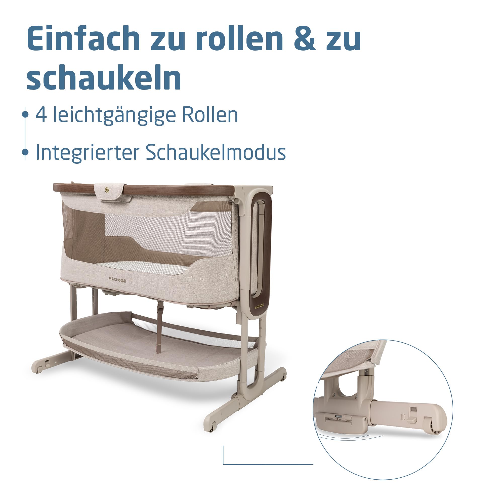 Maxi Cosi Iora Select Baby Stubenbett, 0–6 Monate (9 kg), Faltbares Beistellbett Schaukelnd/Schaukelbett, CloudCore-Matratze 3 cm, 5 Höhenstufen, 4 Leichtgängige Rollen, Easy Slide, Elegance Truffle