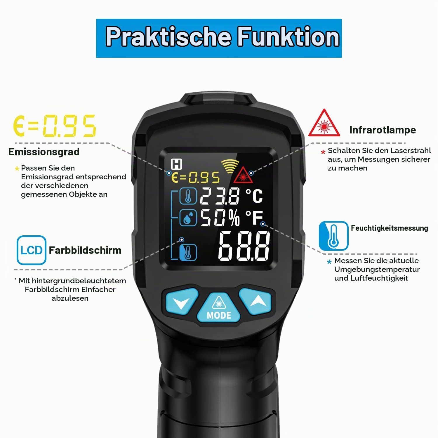 Infrarot Thermometer MESTEK Temperaturmessgerät Digital Laser Thermometer IR Pyrometer Gun -50°C ~ 800°C Berührungslos mit Farbe lcd Einstellbarer Emissionsgrad Küche Grill Gefrierschrank Industrie