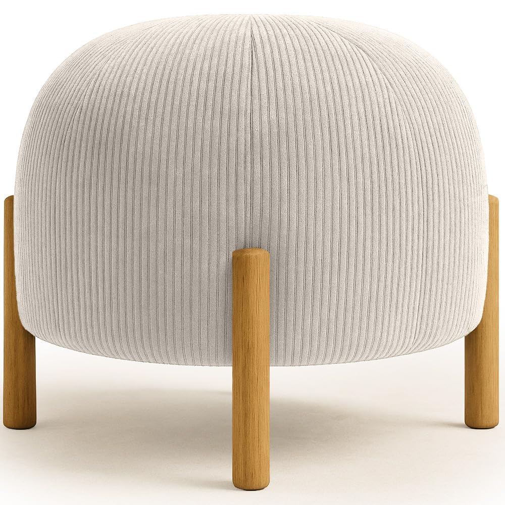 Pouf rotondo imbottito in velluto a coste con gambe in legno naturale - Marrakesh Avorio