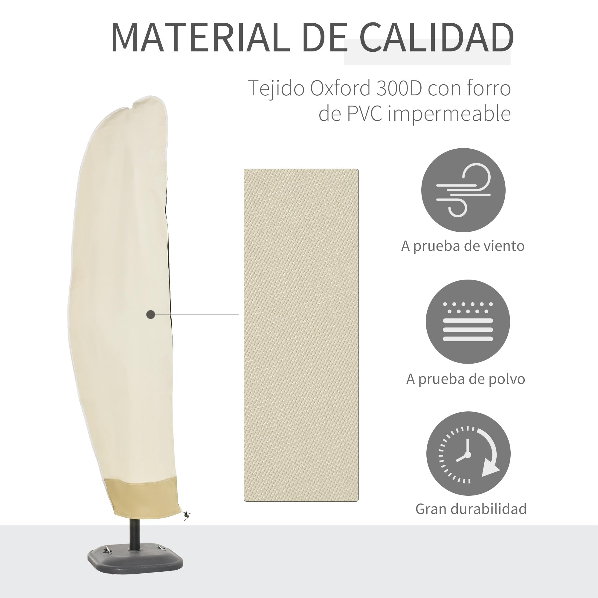 Outsunny Funda para Sombrilla de Jardín Funda para Parasol Impermeable Tela Oxford 600D Cubierta de Parasol con Cremallera para Jardín Exterior Ø56x220 cm Beige