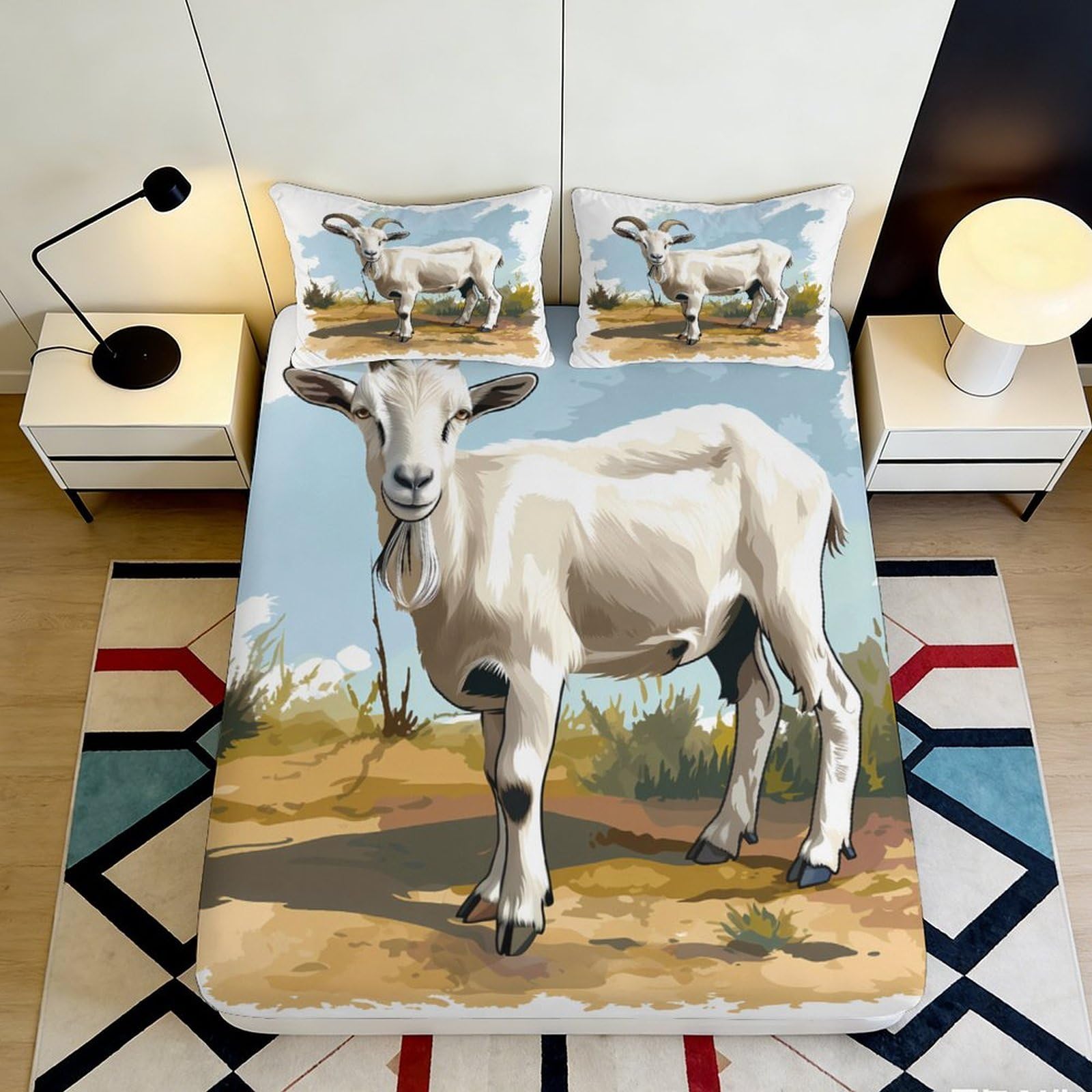 3D Printed White Goat Pastoral Fitted Sheet Microfiber Soft Breathable Animal Bed Cover for Bedroom Dorm Decor 90x200x25cm
