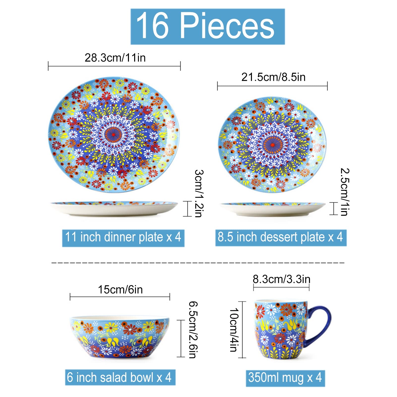 16 sztuk kompletnych naczyń ceramicznych z 4 filiżankami/4 miskami/4 talerzami deserowymi/4 talerzami obiadowymi, zestaw porcelanowych naczyń dla 4 osób, zestawy obiadowe kombinowane