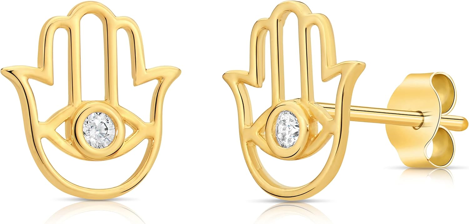 14K Yellow Gold Hamsa Evil Eye Stud Earring Chamsa with Cubic Zirconia