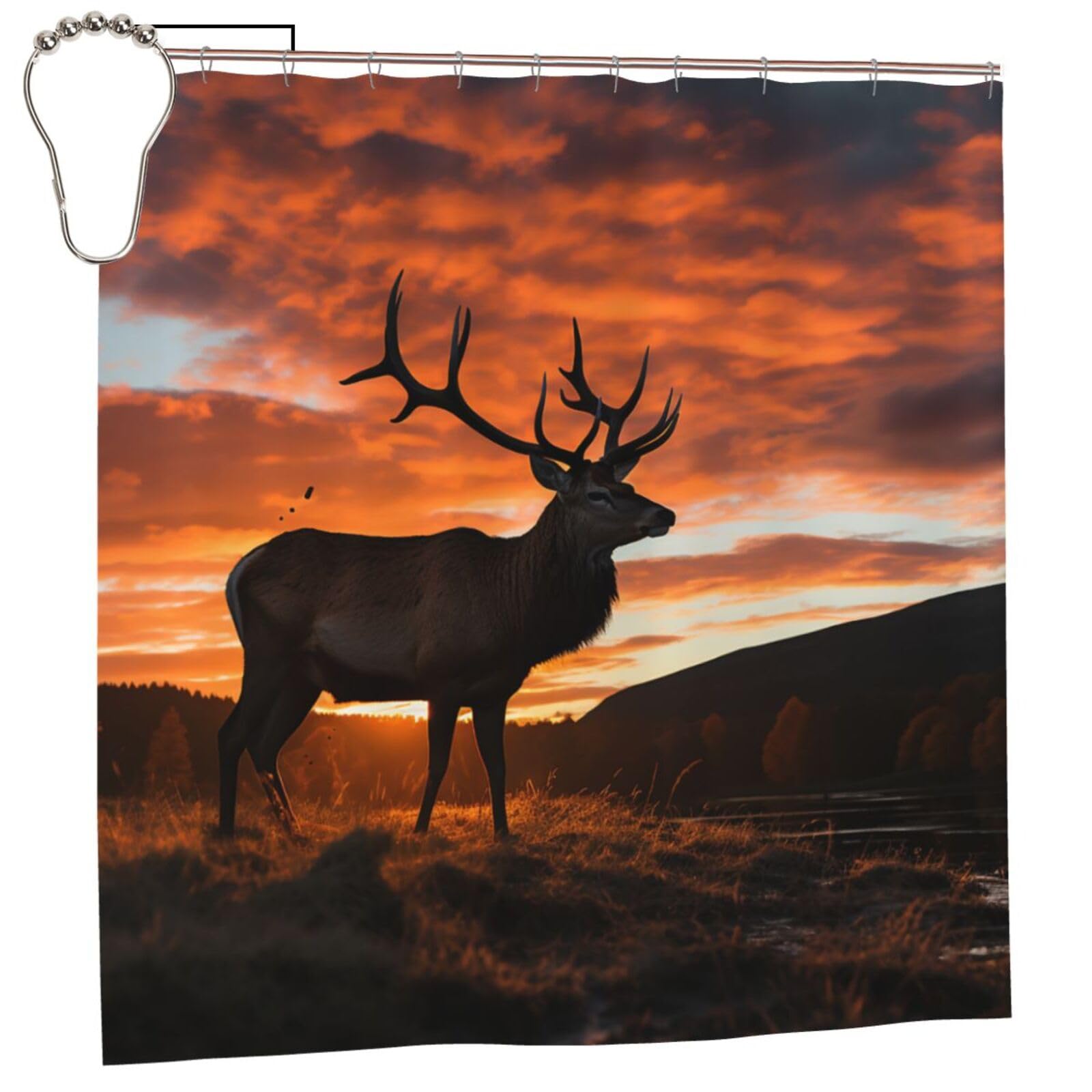 FodPand Red Deer Bull Elk Sunset Shower Curtain 70"x70" Waterproof Long Bathroom Curtain Heavy Duty Thick Cloth Bath Curtain Set with Hooks, Modern Abstract Art Pattern Bathroom Shower Curtains