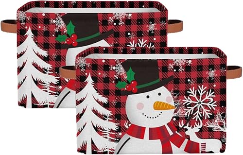 Cestas de almacenamiento grandes para organizar estantes, lindos muñecos de nieve de Navidad, cuadros rojos, cubos plegables con asas, organizadores