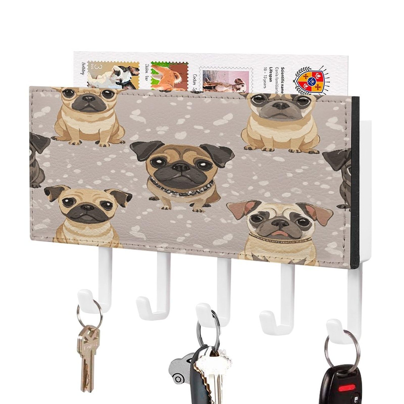 Fekiloot White-Style Cute Chihuahua Pug Pattern Key Holder For Wall Decorative Mail Organizer With 5 Key Hook Self Adhesive Key Rack With Tray Coat Rack Wall Mount Key Hanger Decor For Entryway Door