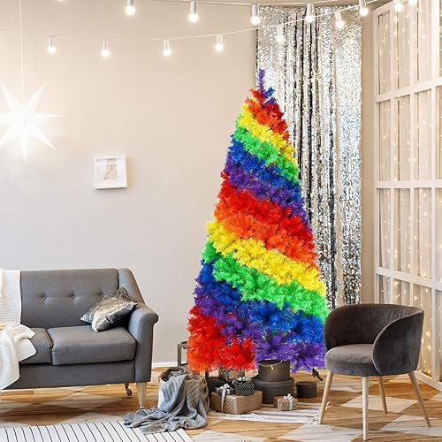 Miniatura 3 de Goplus Árbol de Navidad artificial colorido arcoíris de 7 pies, árbol de Navidad con bisagras de abeto completo con 1213 puntas de rama, soporte de