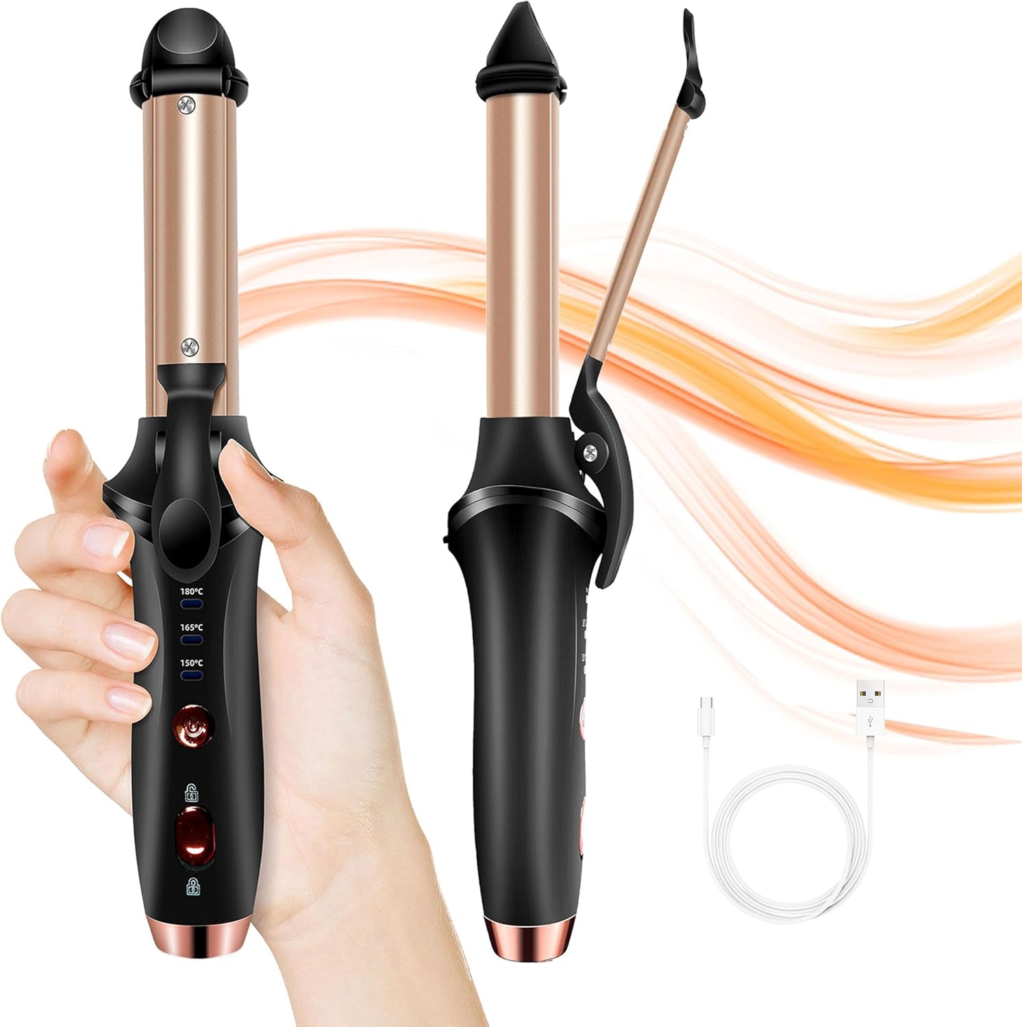 Cordless Curling Iron Rechargeable 4000mAh Cordless Hair Curler, 3 Temp Setting Mini Travel Battery Powered Curling Iron,USB Charge 2 in 1 Portable Hair Straightener and Curler Black Gold