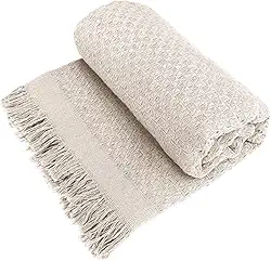Decolab Manta para Sofá em Algodão com Franjas Artesanais | Cobertor Decorativo para Sofa, Poltrona e Cama | Estilo Boho Chic (Branca-Cru)