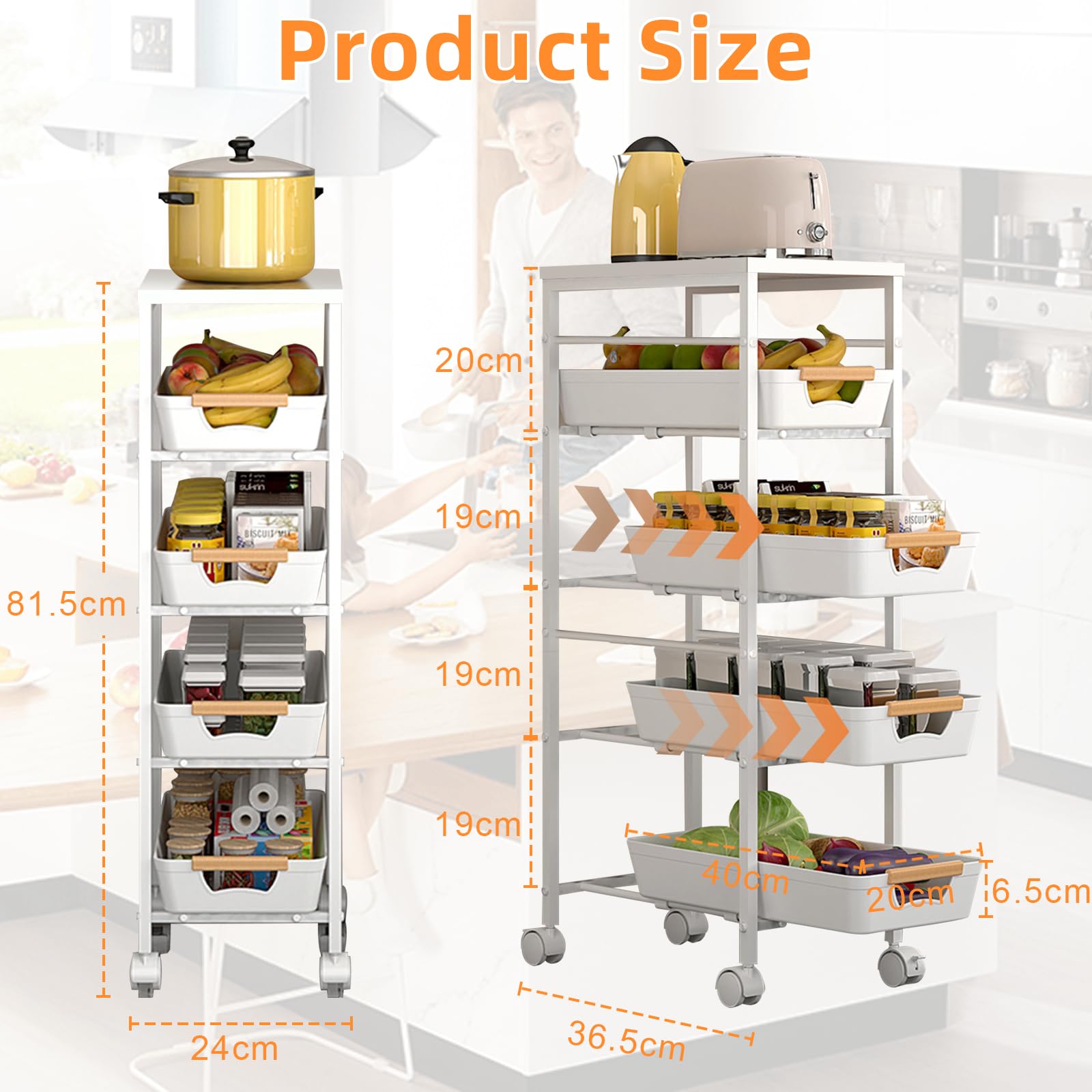 Carrito de Cocina de 5 niveles, Carrito Auxiliar con Ruedas Marco de Metal con 4 Cajones Extraíbles Carrito de Almacenamiento con Tablero de Madera para Baño, Cocina, Lavandería