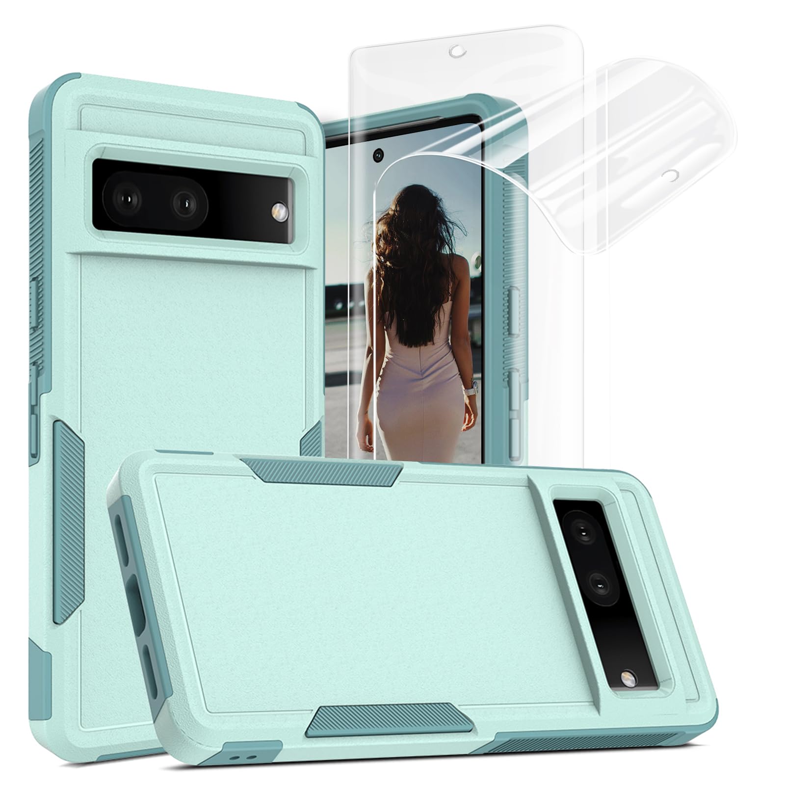 Jeylly Custodia Per Google Pixel 7 Pro 2022 Con 2 Pellicole - Doppio Strato Silicone + Plastica, Blu Navy