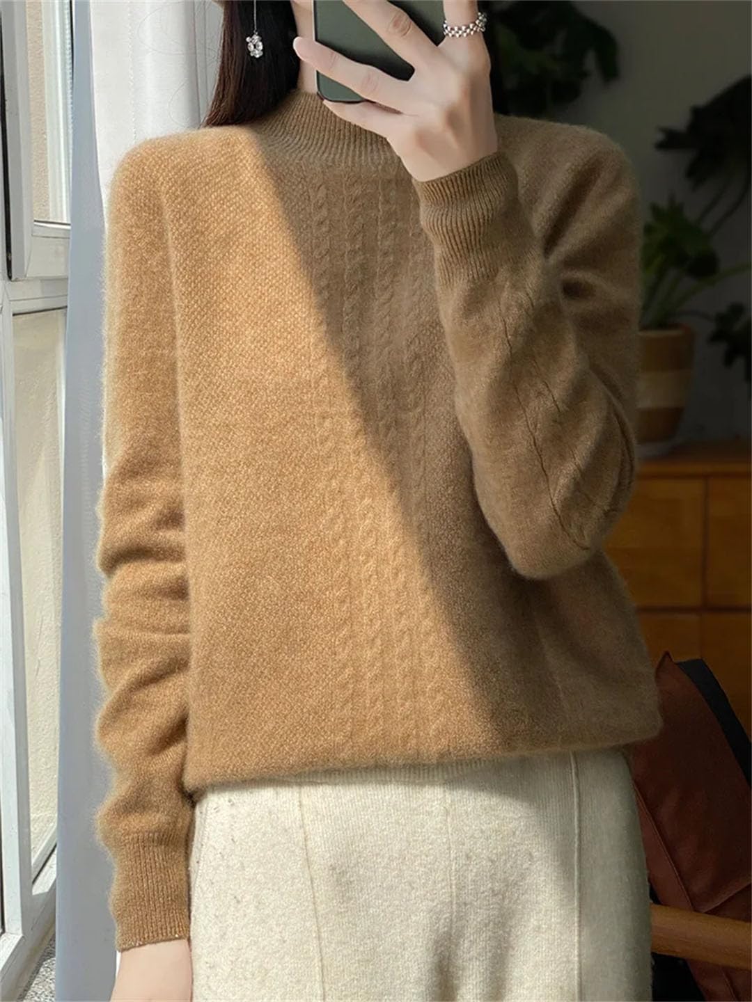 Maglione da donna a collo alto, in lana merino, a maniche lunghe, in cashmere