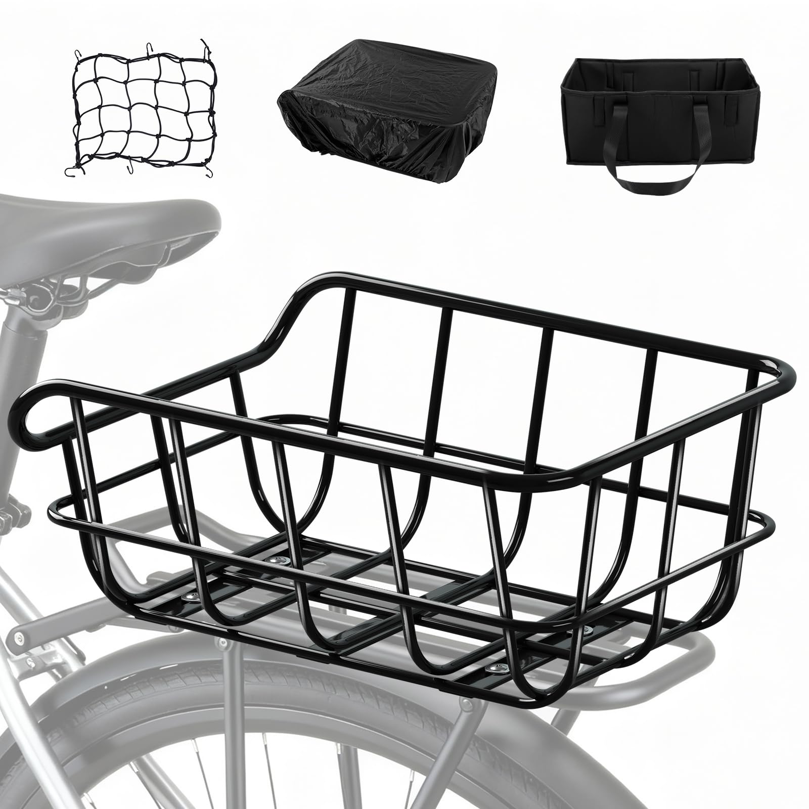 Bike Basket Rear Rack Bike Basket with Cargo Net and Liner Large Bicycle Basket Heavy Duty Bicycle Rear Basket with Liner Waterproof Cover Cargo Net